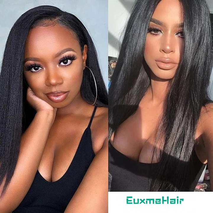 Side-by-side portraits of two women with sleek straight tape-in extensions, showing natural shine and texture match.