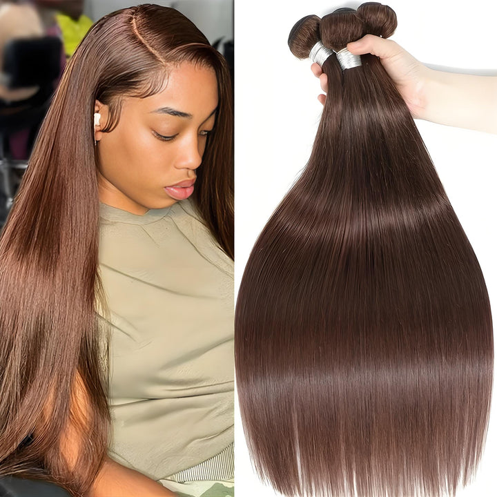 Woman with sleek side-parted brown hair and defined edges, next to smooth, glossy brown hair bundles.