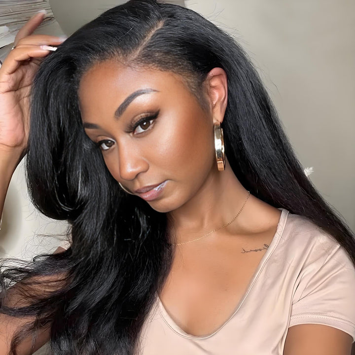 Close-up of side part kinky straight wig with smooth hairline and soft natural texture.