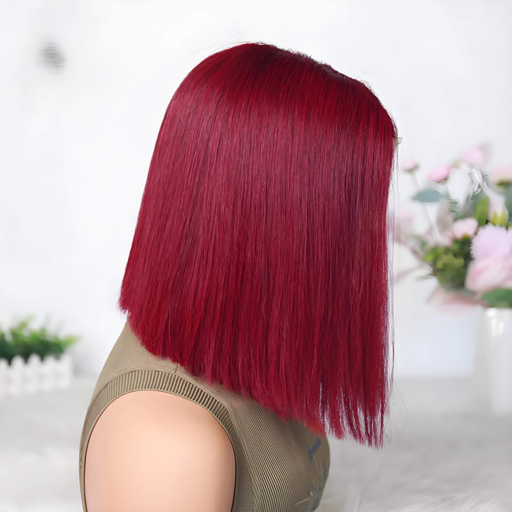 Side profile showing the vivid reddish burgundy color and blunt cut of a straight bob wig.