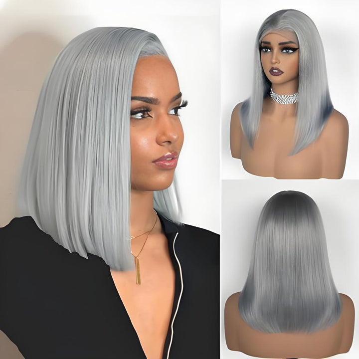 Sleek silver-gray bob wig styled on model and mannequin; includes front and rear views for full hairline.