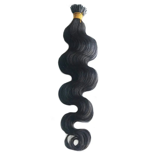 One natural black I-tip body wave extension from EuxmeHair, with defined curls and keratin tip.