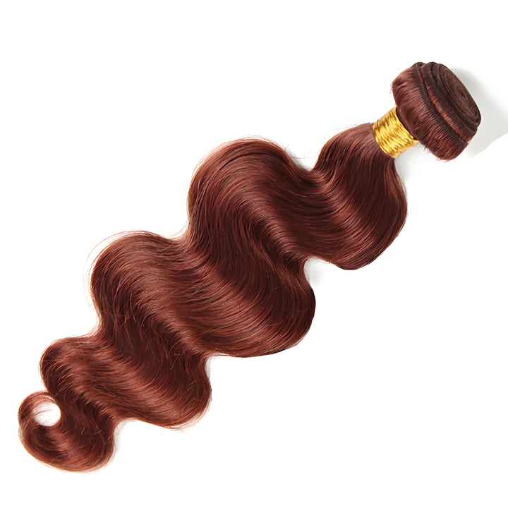 Single EuxmeHair reddish brown body wave bundle showing thick, smooth, and shiny strands.