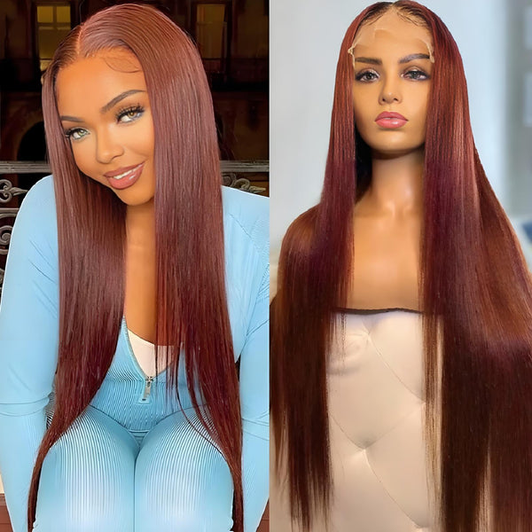Woman wearing EuxmeHair reddish brown straight 4x4 lace wig with sleek middle part and natural baby hair.