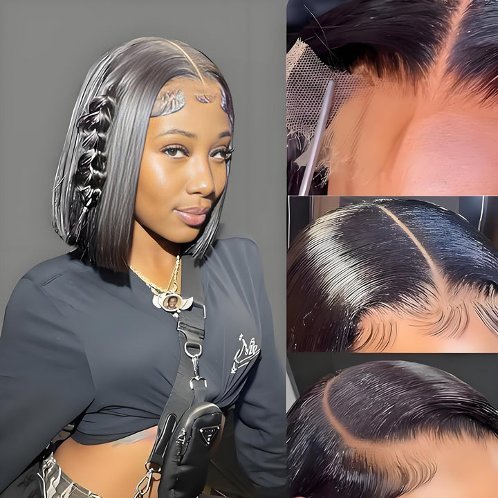 Bob wig styled with braids and lace details, showing natural hairline, parting, and baby hairs.