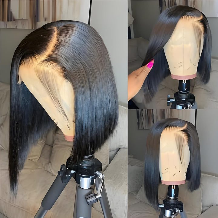 HD lace straight bob wig shown on mannequin head with side part, natural density, and soft movement.