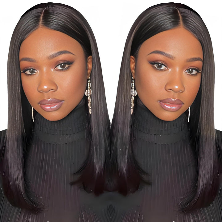 Middle part straight bob wig worn by model in natural lighting, sleek finish and natural black tone.