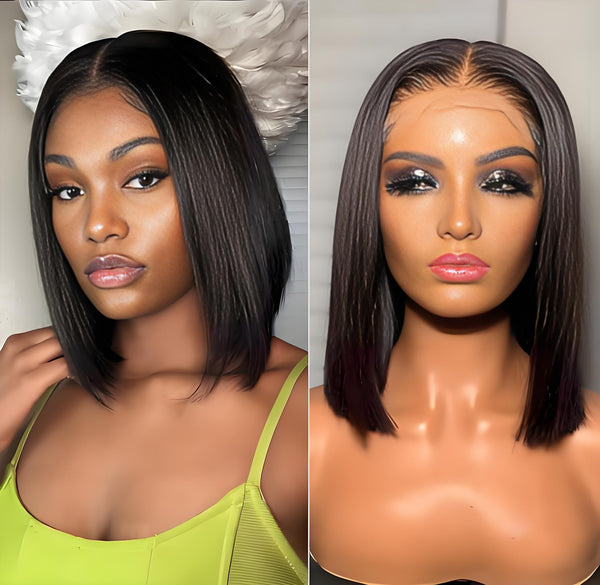 Model and mannequin wearing straight bob wig in natural black color with middle part and sleek finish.