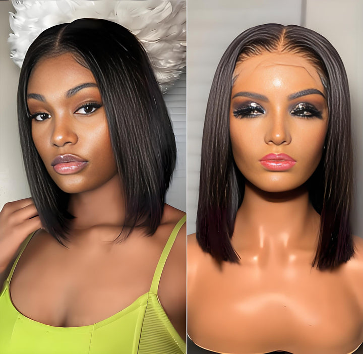 Model and mannequin wearing straight bob wig in natural black color with middle part and sleek finish.