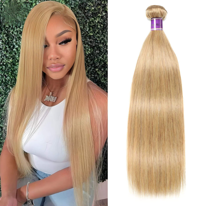Model wearing long straight honey blonde #27 bundles, sleek middle part with silky smooth finish.