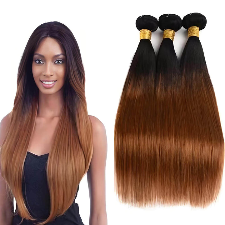 Model wearing straight T1B/30 ombre bundles alongside product display, showing natural blend from dark roots to auburn ends.