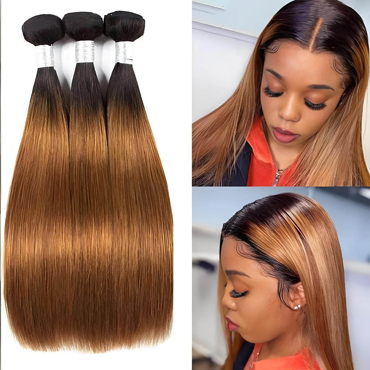 Model wearing straight T1B/30 ombre bundles, showing natural-looking hairline and smooth auburn styling.