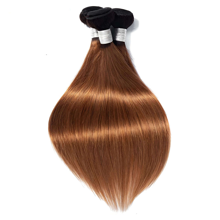 Straight hair bundles in T1B/30 ombre shade, displayed to highlight silky shine and healthy cuticle alignment.