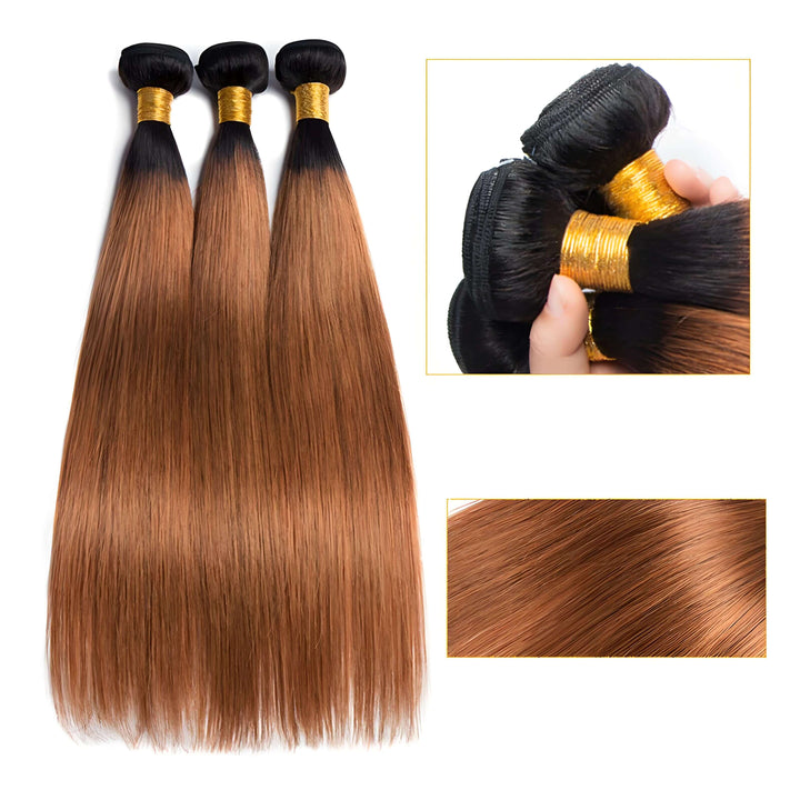 Three-piece set of straight bundles in T1B/30 ombre, with close-up of double weft construction and silky auburn texture.