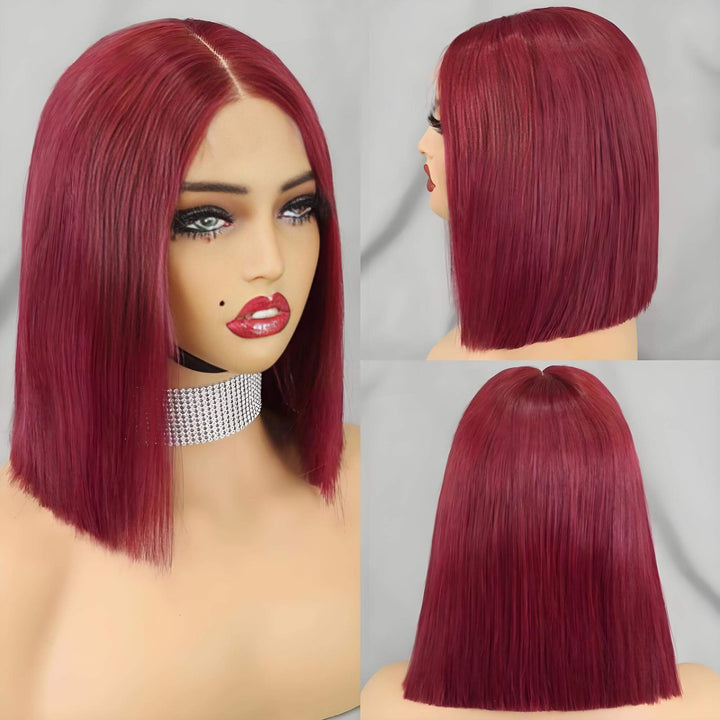 Three angles of a burgundy red straight bob wig displayed on a mannequin with a defined 2×6 lace parting.