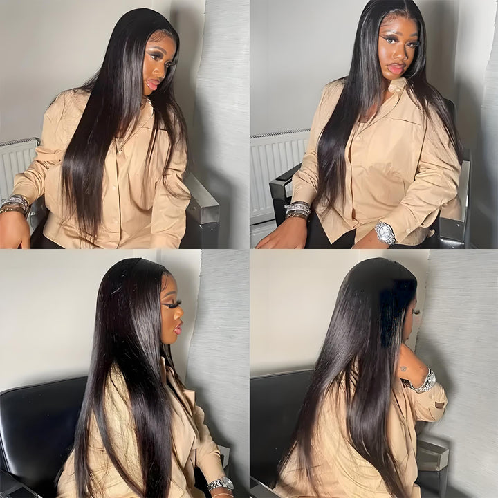 Four angles of a model wearing sleek natural straight hair, highlighting smooth texture and natural movement.