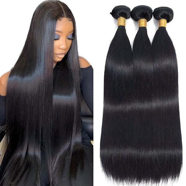 Natural black straight bundles next to model wearing same style, showing sleek length and healthy finish.