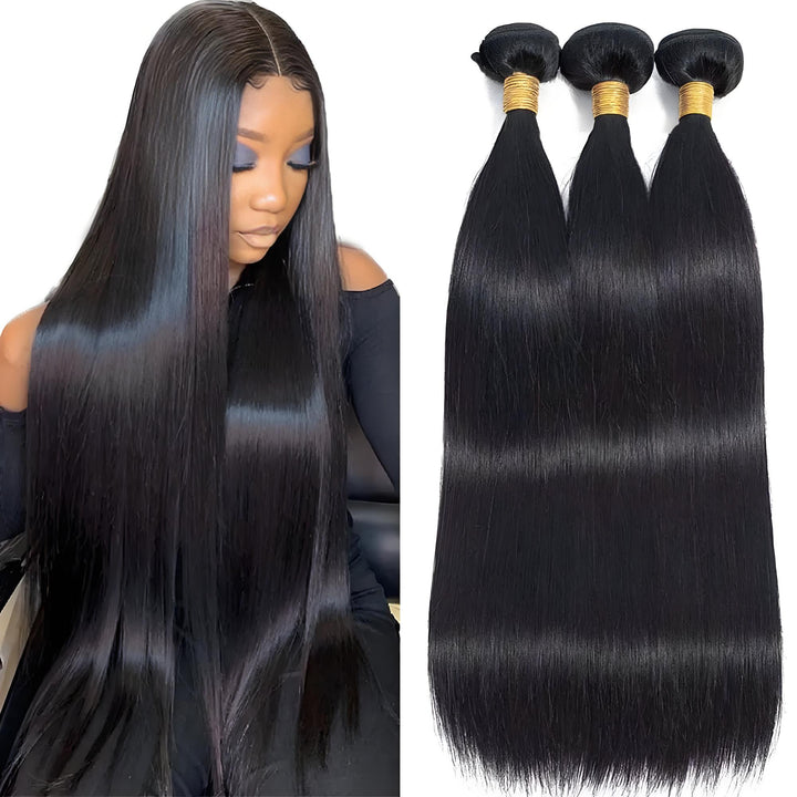 Natural black straight bundles next to model wearing same style, showing sleek length and healthy finish.