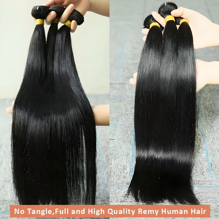 Two views of natural black straight hair bundles showing silky texture, thick ends, and high-quality Remy human hair.