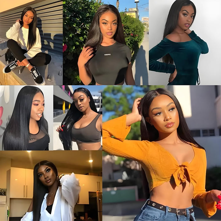 Collage of multiple models wearing natural black straight hair bundles styled sleekly in various outdoor and indoor scenes.