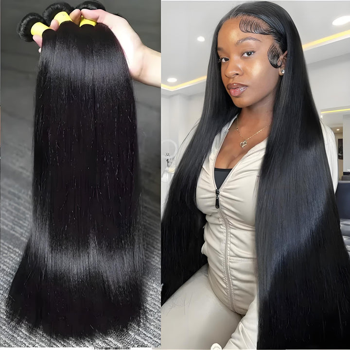 Close-up of natural black straight bundles and model showcasing full-length install with middle part.