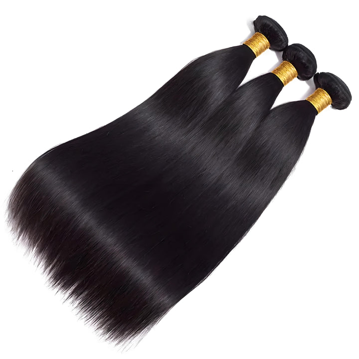 Trio of silky straight hair bundles arranged on a white background with shiny ends and thick roots.