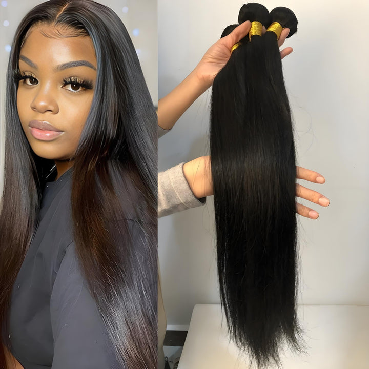 Side-by-side view of model wearing straight hair wig and hand holding three long sleek bundles.