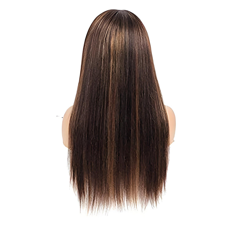 Back view of straight headband wig in chocolate brown with honey blonde highlights, showing even cut and smooth strands.
