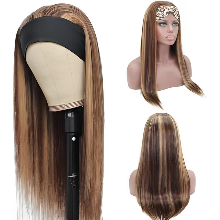 Straight headband wig in chocolate brown with honey blonde highlights displayed on mannequin, showing front, back, and side views.