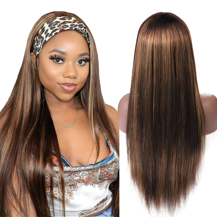 Model wearing straight headband wig in chocolate brown with honey blonde highlights and back view of wig showing smooth strands.