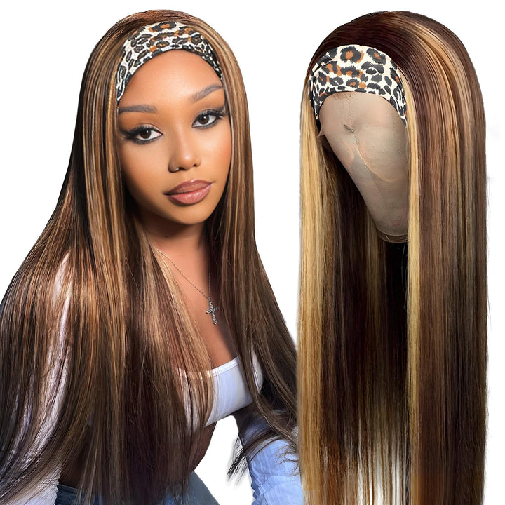 Close-up of model wearing straight headband wig in chocolate brown with honey blonde highlights, alongside mannequin front display.