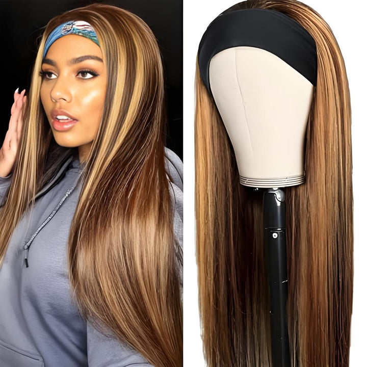 Straight headband wig in chocolate brown with honey blonde highlights shown on model and mannequin, highlighting glossy finish.