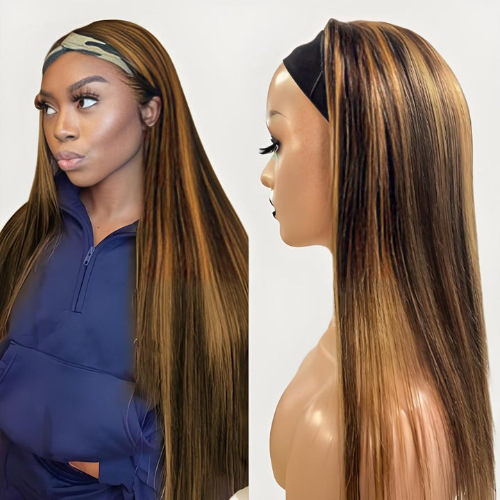 Model wearing straight headband wig in chocolate brown with honey blonde highlights, paired with mannequin side profile view.