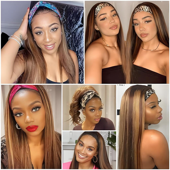Collage of models wearing straight headband wig in chocolate brown with honey blonde highlights, showing different headband styles and angles.