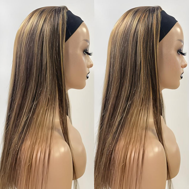 Side profile of straight headband wig in chocolate brown with honey blonde highlights on mannequin, showing sleek layered texture.