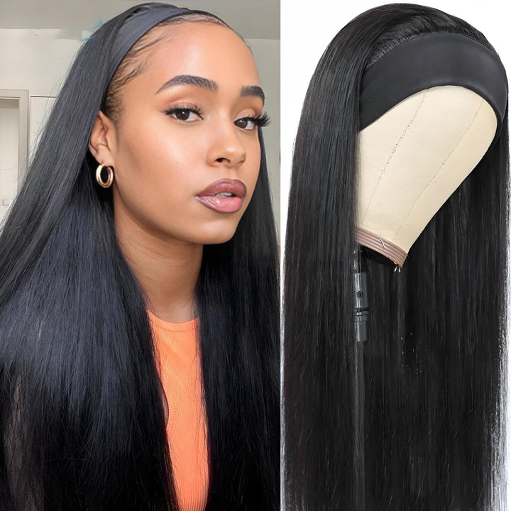 Close-up of straight headband wig on model and detailed mannequin view of wig’s smooth texture and black headband cap.