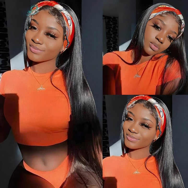 Installation view of straight headband wig showing front hairline, baby hairs, and styling versatility in a bun.