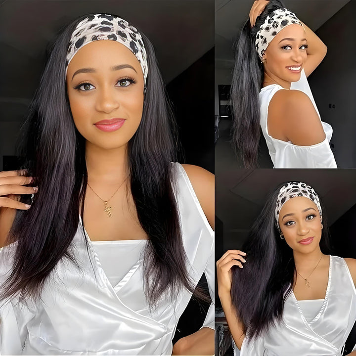 Woman showing three angles of straight headband wig with leopard-print headband and silky white outfit.