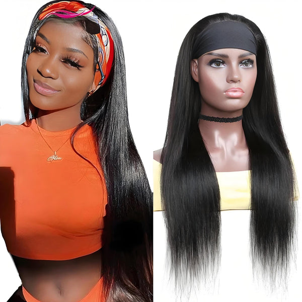 Model in orange outfit wearing long straight headband wig with scarf-style headband and soft natural shine.