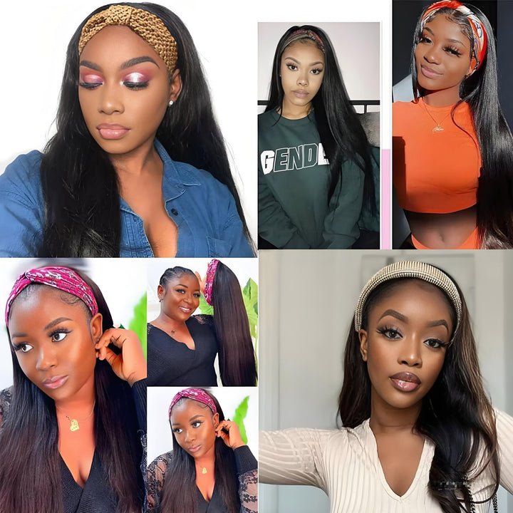 Various models showcasing straight headband wigs with different headband styles in casual and glam looks.