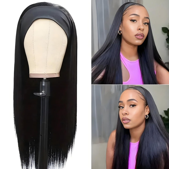 Side-by-side of mannequin and model wearing straight headband wig, showing sleek texture and natural hairline.