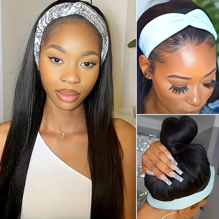 Model wearing sleek straight headband wig with visible baby hairs and printed headband, styled in a center part.
