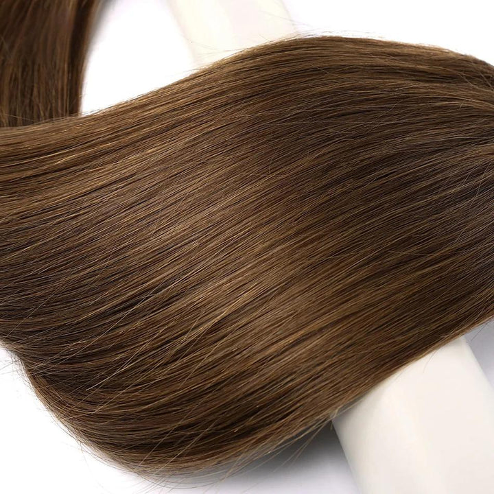 Before-and-after comparison showing transformation using straight chocolate brown tape-in hair extensions.