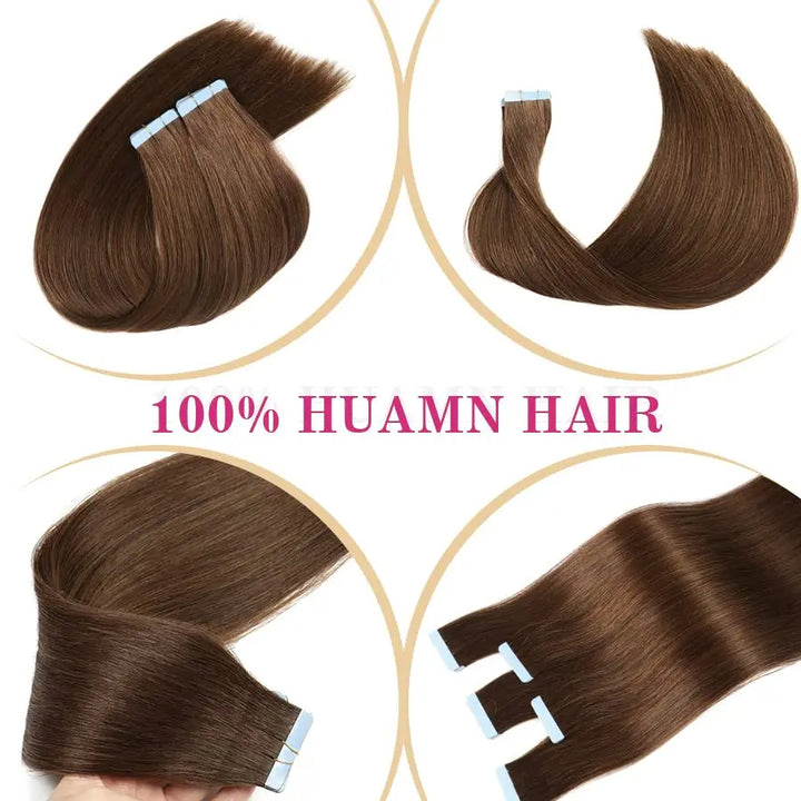 Close-up view of silky straight chocolate brown tape-in extensions showing smooth strands and rich color.