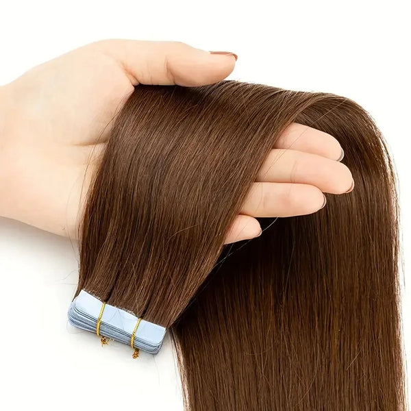 Full set of straight chocolate brown tape-in hair extensions neatly arranged to show uniform length and shine.
