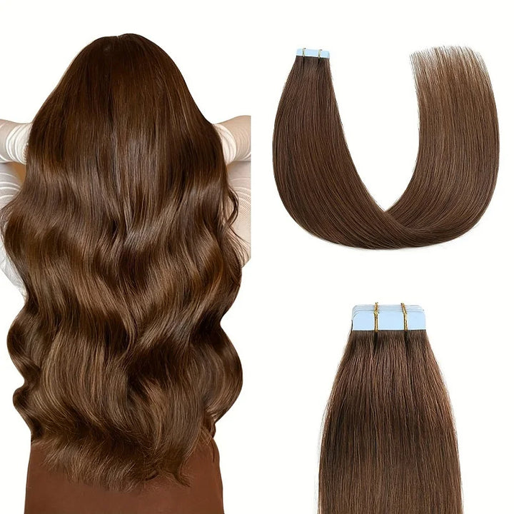 Side view of model wearing straight chocolate brown tape-in extensions for a sleek, natural look.