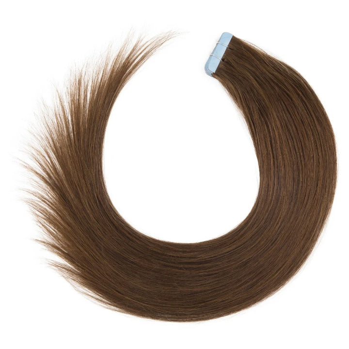 Close-up of individual strands from straight chocolate brown tape-in extensions showing natural cuticle alignment.