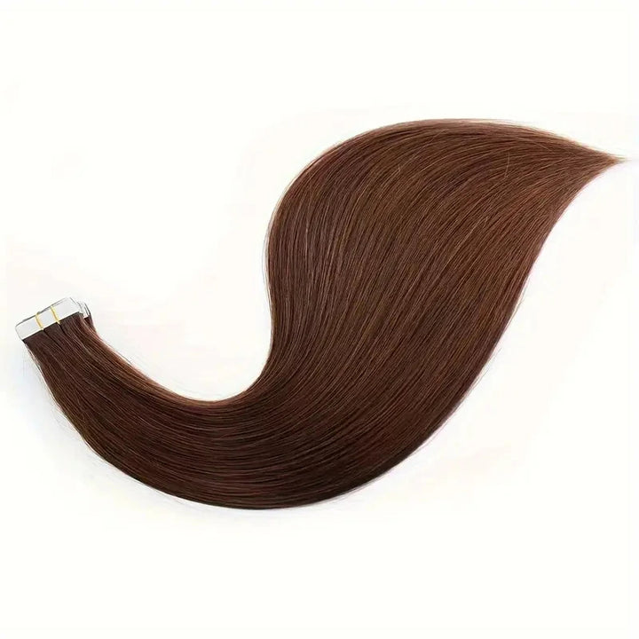 Detailed view of tape tabs on straight chocolate brown extensions, highlighting secure adhesive strips.