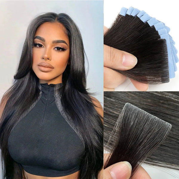 Tape-in straight extension close-up showing soft strands and adhesive tab detail for realistic finish.