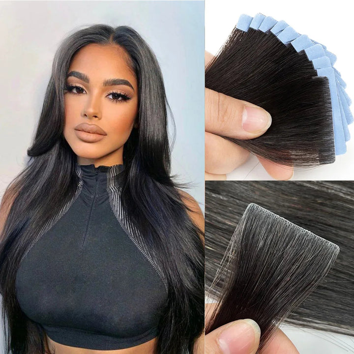 Tape-in straight extension close-up showing soft strands and adhesive tab detail for realistic finish.